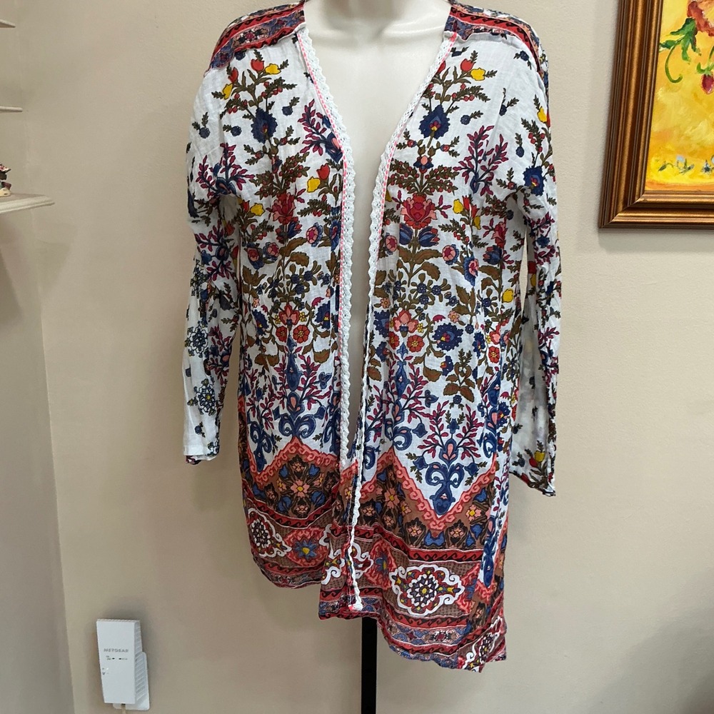 RAGA Kimono Cardigan Small White Floral Paisley Cotton Boho‎ Crochet Trim R3038